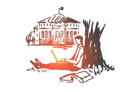 Student, laptop, tree, work, park concept. Hand drawn isolated vector. Stock Illustration