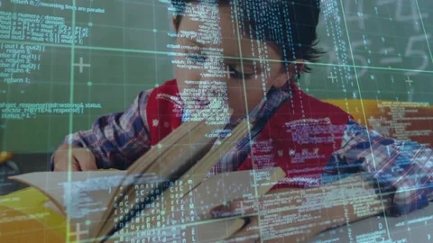 Student leaning over book, writing notes, causing code overlay across pages for Video stock 330142727