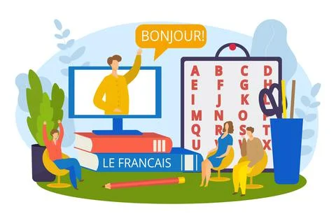 Student learn french online, vector illustration. Study knowledge by internet Stock Illustration