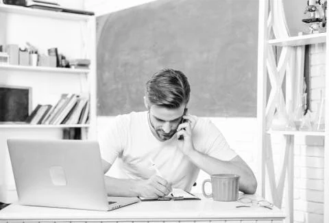 Student learn programming language. Youth demand modern knowledge. High school 写真素材