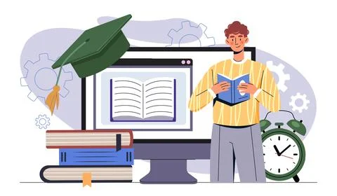Student learning online with books.. Vector illustration Stock Illustration