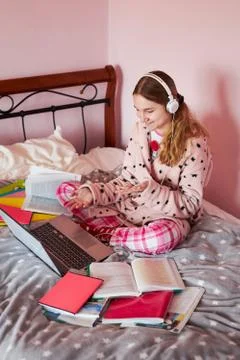 Student learning online, watching lesson remotely, listening to professor, ta Stock Photos