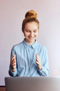 Student learning online, watching lesson remotely, listening to professor, ta Stock Photos
