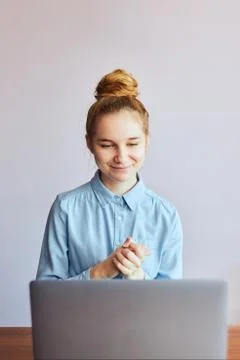 Student learning online, watching lesson remotely, listening to professor, ta Stock Photos