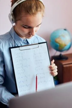 Student learning online, watching lesson remotely, listening to professor, ta Stock Photos