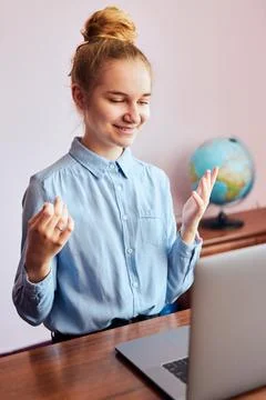 Student learning online, watching lesson remotely, listening to professor, ta Stock Photos