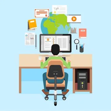 Student learning or studying on laptop. E-learning concept. Flat design. Stock Illustration
