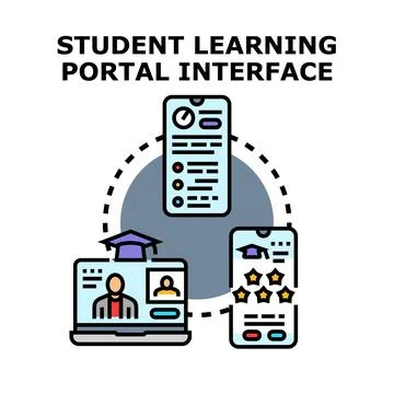 Student learning portal interface connecting online education devices Stock Illustration