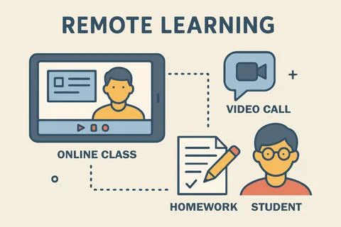 Student learning remotely through online classes and video calls Stock Illustration
