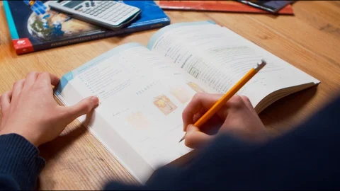 Student learns from schoolbook, shot from behind Stock Footage