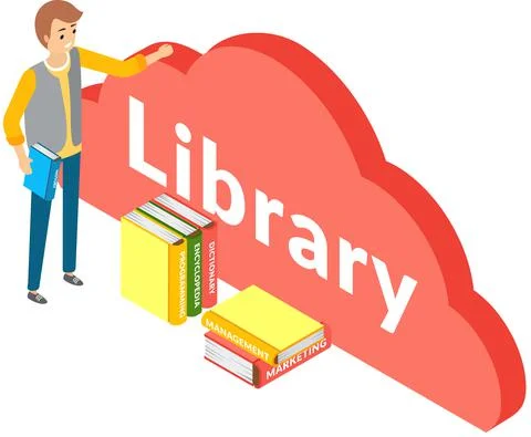 Student in library next to stack of books. Education, online training courses 스톡 일러스트