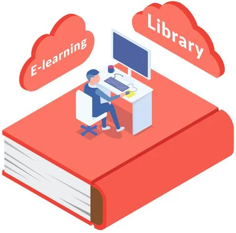 Student in library works with computer. Education, online training courses イラスト素材