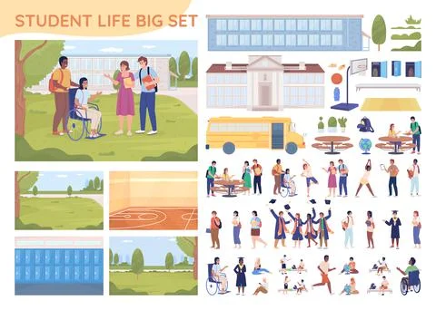 Student life 2D vector isolated illustrations big set Illustrazione stock