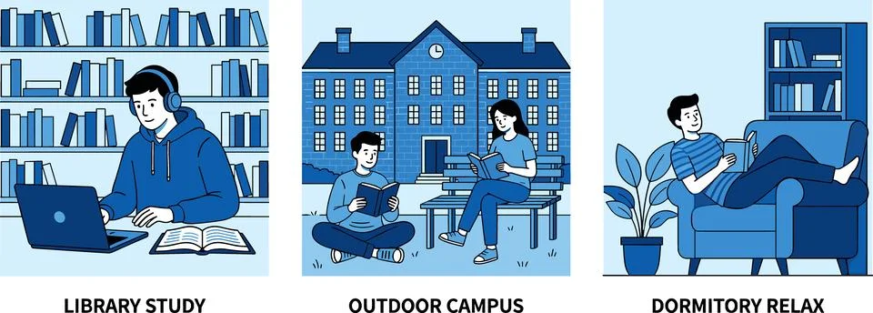 Student Life Scenes - Library Study, Outdoor Campus Interaction, and Dormit.. Stock Illustration