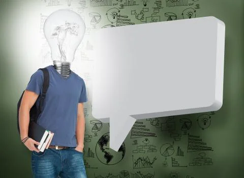 Student with light bulb instead of head and speech bubble Stock Photos
