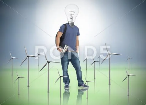 Student with lightbulb head with wind turbines Stock Photos