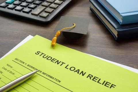 Student loan relief application form and pen. Stock Photos