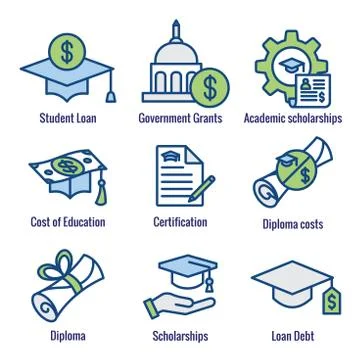 Student Loans Icon Set with Academic Scholarships and Debt Imagery Stock Illustration