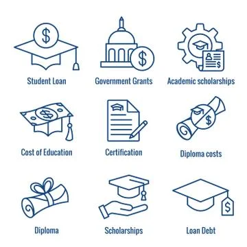 Student Loans Icon Set with Academic Scholarships and Debt Imagery イラスト素材