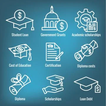 Student Loans Icon Set with Academic Scholarships and Debt Imagery Illustrazione stock