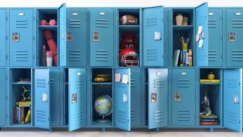 Student lockers at school. School lockers with open doors and student equip.. Stock Illustration