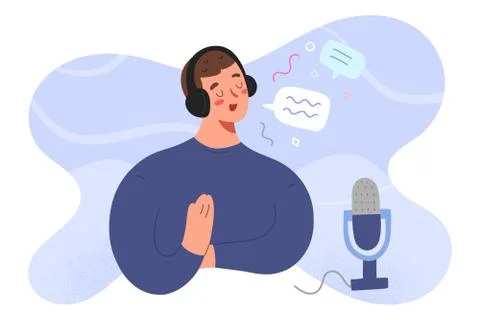 Student making a podcast show, flat cartoon character in headset with microphone Stock Illustration