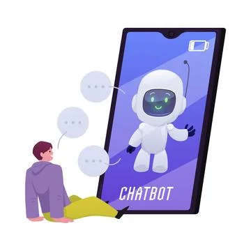 Student man speaking with ai robotic assistant on smartphone screen, vector flat 스톡 일러스트