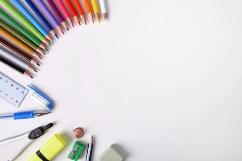 Student material on white table 스톡 사진