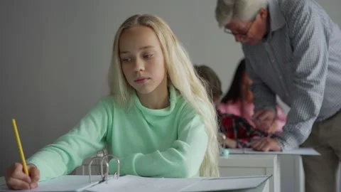 Student murmuring and making notes during school lesson Stock Footage 142493798