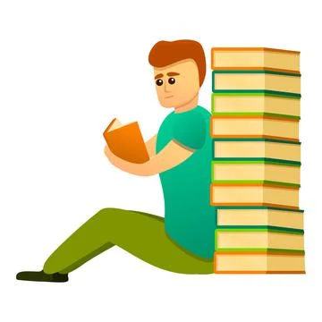 Student near book stack icon, cartoon style 스톡 일러스트