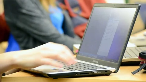Student near computer during Data Science Hackathon in Kiev, Ukraine. Video stock 72076327