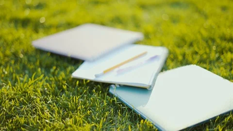 Student notebooks lie on the grass. soft backlight 4K Stock Footage 127737766