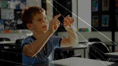 Student noticing data nodes and touching glowing circles while building Stock Footage 330062020