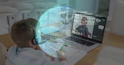 Student noting at table, connecting remote learning peer and showing globe, code Video stock 312483405