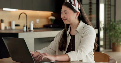 Student, online education and typing in home with laptop, creative essay and Stock Footage 336656814