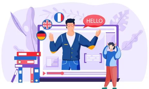 Student on an online foreign language class. The guy is surprised at the イラスト素材