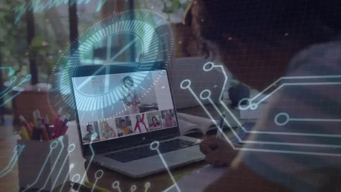 Student opening laptop to join remote class, taking notes with circuit HUD Stock Footage 310971109