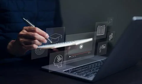 Student or man use computer for elearning, education online, Internet. Stock Photos