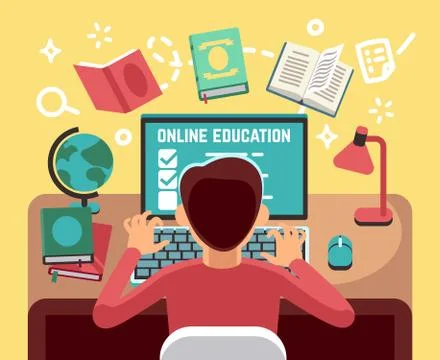 Student or school boy studying on computer. Online lesson and education vector Stock Illustration