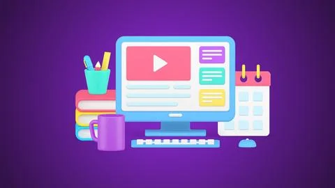 Student or worker comfortable workplace organizing with computer pc, schedule Illustrazione stock