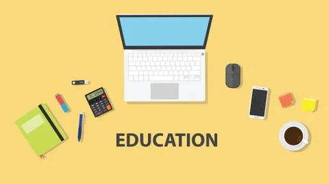 A student or worker workspace with yellow background on table with computer l 스톡 일러스트