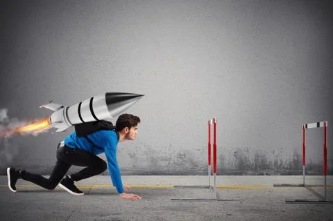 Student overcomes obstacles of his studies at top speed with a rocket Stock Illustration