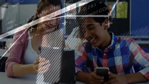 Student pair tapping tablet and glancing phone, starting charts and code overlay Stock Footage 334038698