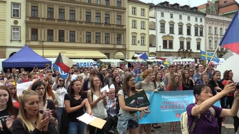Student parade procession of May, drums play, people rejoice flags Czech Stock Footage 89661462