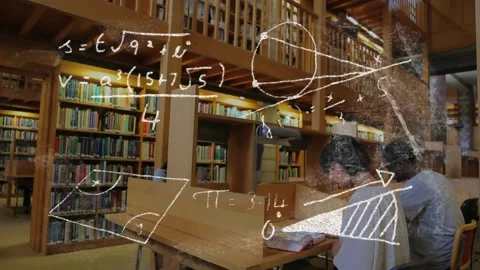 Student passing shelves causing chalk-style math overlays educating patrons Stock Footage 326877174