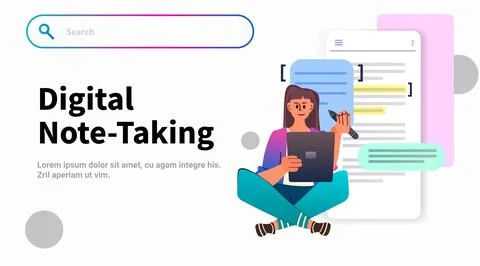 Student with pencil taking digital notes on tablet pc online education e Stock Illustration