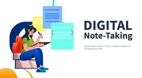 Student with pencil taking digital notes on tablet pc online education e Stock Illustration