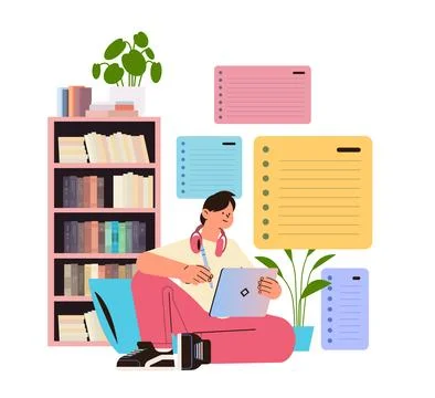 Student with pencil using laptop to take digital notes online education e Illustrazione stock