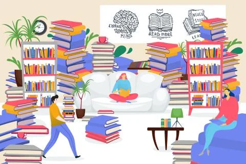 Student people get knowledge in creative library, vector illustration. Man woman Stock Illustration