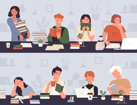 Student people study at classroom or library table, read paper book, school Stockillustratie